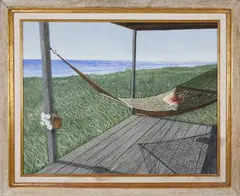 Hammock by Tom Mielko, Tempera on Masonite, offered Aug 2020