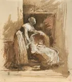 Pra Sir John Everett Millais, Woman with baby in cradle, circa 1869, watercolor and white chalk on paper