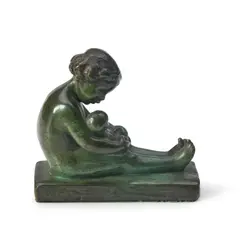 B. Lillian Link, Seated Child Cradling a Doll, bronze with a green patina