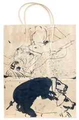 A Decorated Shopping Bag by Walasse Ting, ink on paper bag, sold Feb 2025