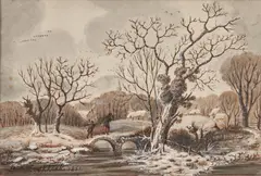 Barend Cornelis Koekkoek, A Snowy Landscape with Figures Crossing a Bridge, pencil, ink, and watercolor on paper