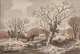 Barend Cornelis Koekkoek, A Snowy Landscape with Figures Crossing a Bridge, pencil, ink, and watercolor on paper