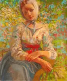 Enzo Russo, Seated Girl Holding a Stalk of Grass, oil on Masonite
