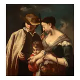 Giuseppe Angeli, Sportsman Handing a Coin to a Woman with a Basket of Fruit and a Child by Her Side, oil on canvas
