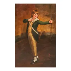 British School, Portrait of a Boy with a Bow and Arrow, Full-Length, in A Blue Jacket and Yellow Breeches, oil on canvas