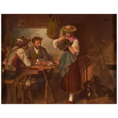 Franz Defregger, Touristen auf der Alm, oil on canvas laid to board in a hand carved walnut frame