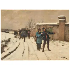Paul Grolleron, Troops Pausing on a Village Road in Winter, oil on canvas