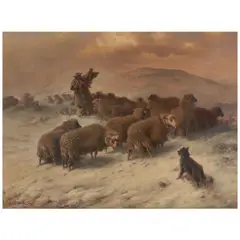 August Friedrich Albert Schenck, Shepherd with His Flock in a Snowstorm, oil on canvas