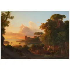 Karl Markó, An Extensive Bay Landscape with Figures and Boats at Sunset, oil on canvas