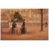 Louis-Robert Carrier-Belleuse, Soldat, Élégante, et Son Chien dans un Parc, oil on canvas