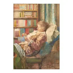 Henry Justice Ford, Knitting in Her Chair, watercolor on paper board