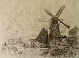 Johan Jongkind, - ''Moulins en Hollande'' (Delteil 14 ii/III)-, etching, 1867, very good condition