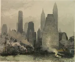 Luigi Kasmir, - ''Fog and Mist, East River, NYC''-, etching in colors, 1936