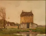 William Hartson, - Man Near Barn Walking-, watercolor on paper