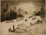 Joseph Pennell, - ''Sunset from Williamsburg Bridge'' (Wuerth 674)-, etching, 1915