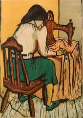 Rosa Rush, - ''Seamstress''-, woodcut in colors