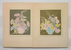William Joseph Eastman, - Floral Still-Lifes- 2 block cuts with hand-coloring in, gouache, both