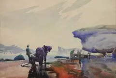 Frank Wilcox, - Beach Scene with Horse and Workers-, watercolor on paper