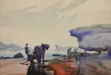 Frank Wilcox, - Beach Scene with Horse and Workers-, watercolor on paper