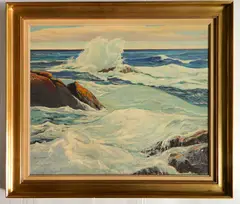 - Waves Against Rocks- by George G. Adomeit, oil on masonite, sold Mar 2020