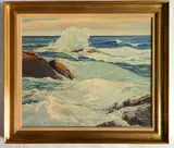 George G. Adomeit, - Waves Against Rocks-, oil on masonite