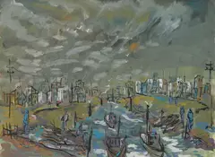 Ellen A. Ochi, - Townscape with River-, gouache on paper