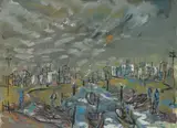 Ellen A. Ochi, - Townscape with River-, gouache on paper