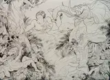 Paul B. Travis, - ''Pygmy Hunter''-, pen and ink on paper, 1955