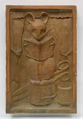 Richard Sedlon, - Mouse with Book-, carved wood plaque, multiple scratches, cracks and repairs