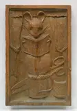 Richard Sedlon, - Mouse with Book-, carved wood plaque, multiple scratches, cracks and repairs