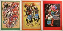 Fred Yost, - 3, tempera on paper, depicting Native American Indian scenes including 1). War Dance- 1955