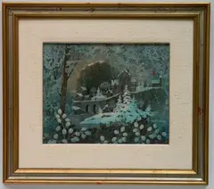 Robert Laessig, - Winter Village Scene with Cardinal-, acrylic on panel