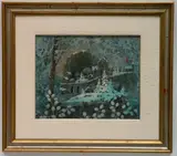 Robert Laessig, - Winter Village Scene with Cardinal-, acrylic on panel