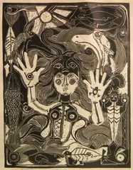 Ginna Brand, - ''Woman in Sea''-, linocut, 1972