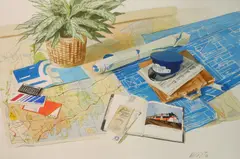 Richard Treaster, - Still Life with New York Maps-, watercolor on paper