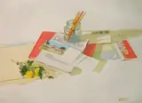 Richard Treaster, - Still Life with Cleveland Map, Nail and Jar-, watercolor on paper