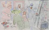 Algesa O'Sickey, - ''The Gallery Opening''-, watercolor and pen and ink on paper, 1991