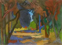 Gus Cummins, - Fauvist Landscape-, pastel on brown paper
