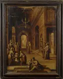 Ilario Casolano, Cristo al Tempio, cornice coeva in legno dipinto. Attribuzione confermata verbalmente dal Prof. Marco Ciampolini.