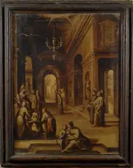 Cristo al Tempio by Ilario Casolano, cornice coeva in legno dipinto. Attribuzione confermata verbalmente dal Prof. Marco Ciampolini., offered Feb 2017