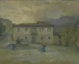 Alberto Carosi, Paesaggio con casa, fontana e figure, 1944