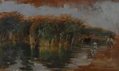 Giuseppe De Sanctis, Paesaggio con lavandaie, oil on masonite