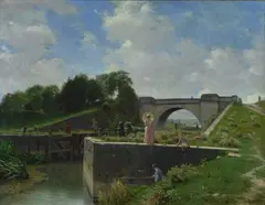 Victor Jacques Renault, Paesaggio con ponte e figure