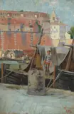 Lorenzo Cecchi, Pescatorello al porto di Livorno, 1935, Sigla e data in basso a destra.