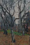 Giovanni Lomi, Ulivi in primavera, Sul verso: ad inchiostro "31.12.25 all'egregio signor/Marinella/cordialmente/Lomi Giovanni"; cartiglio