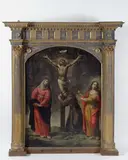 Domenico Manetti, Crocifissione con la Madonna, Maria Maddalena e San Francesco, cornice coeva a edicola in legno intagliato