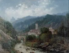 Emilio Donnini, Paesaggio con chiesa e ponte