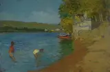 Carlo Passigli, Ragazze al fiume (Fronte); Paesaggio fluviale (retro)