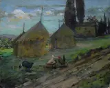 Osvaldo Tofani, Paesaggio con galline e pagliai, 1877
