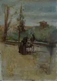 Alphons Hollaender, La bruciataia alle Cascine, Sul verso: firma; antico cartiglio manoscritto con firma dell'autore e dati dell'opera.